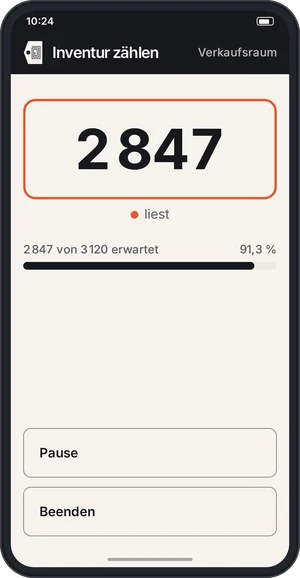Die hangcount-App beim Zählen: Im Verkaufsraum sind 2.847 von 3.120 erwarteten Teilen erfasst, das Handheld liest gerade.